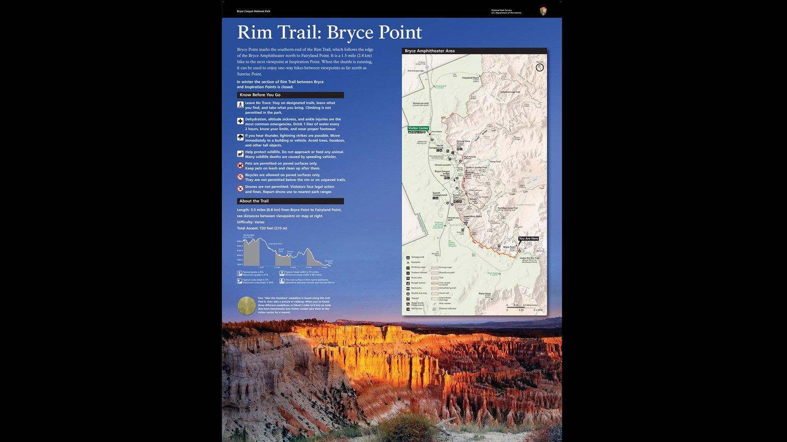 Wayside exhibit providing orientation and accessibility information about the Rim Trail.