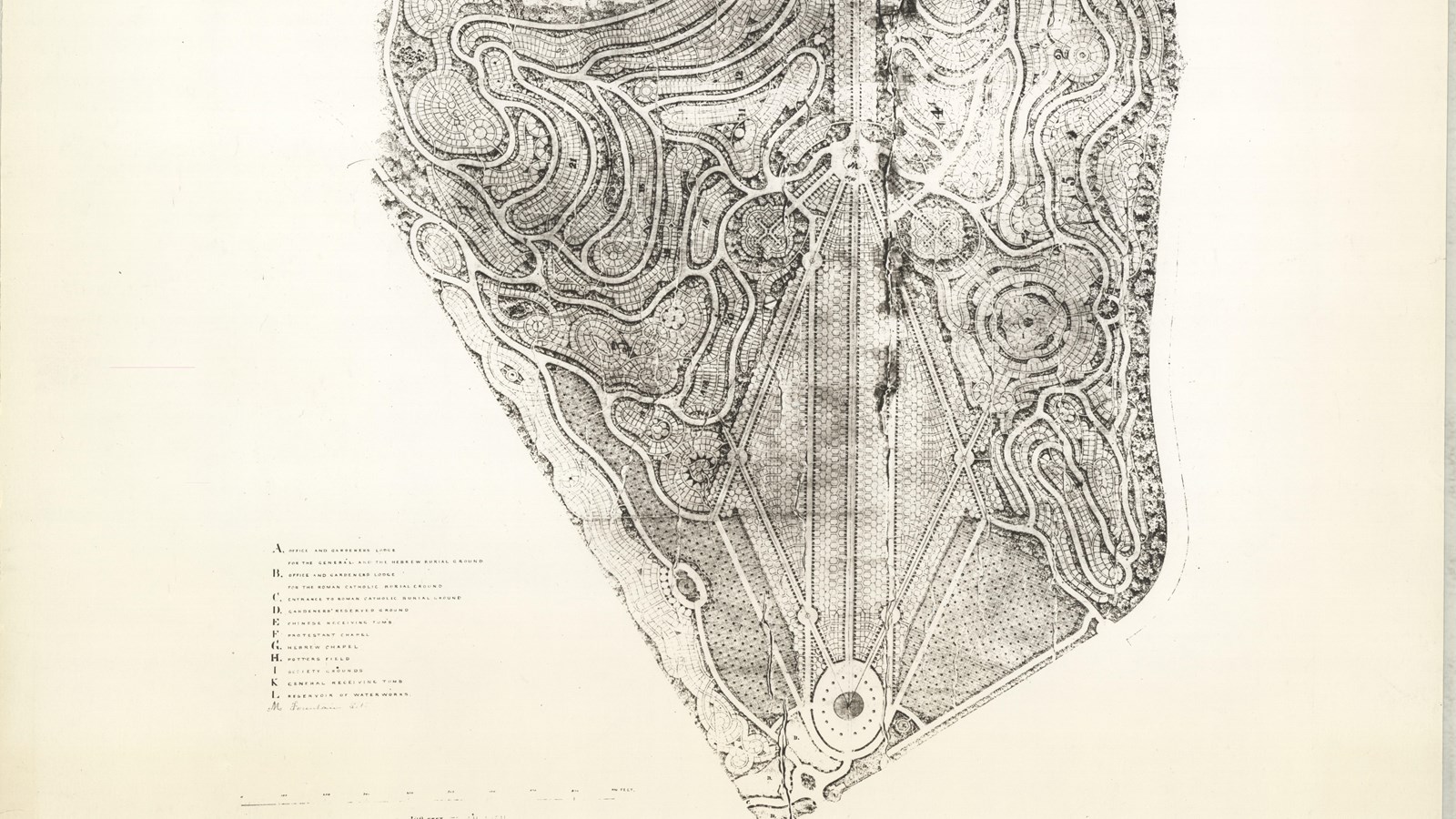 Plan of cemetery with straight line down the middle, curving lines going off the main line