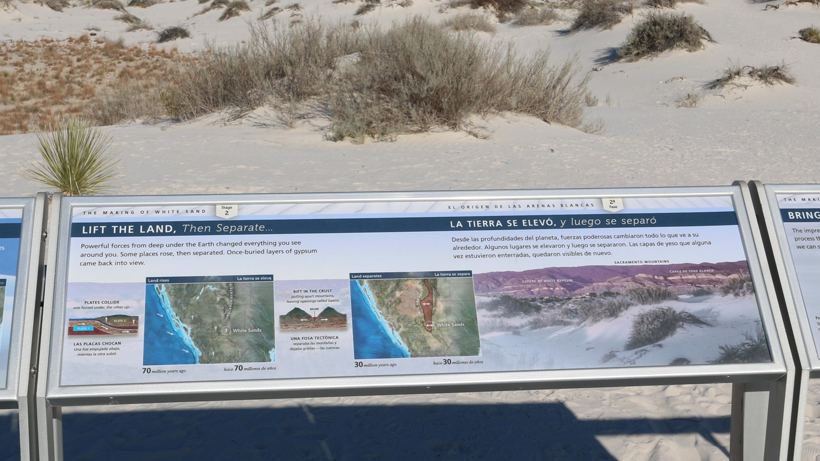 Interpretive sign explains the formation of the land in the Tularosa Basin.