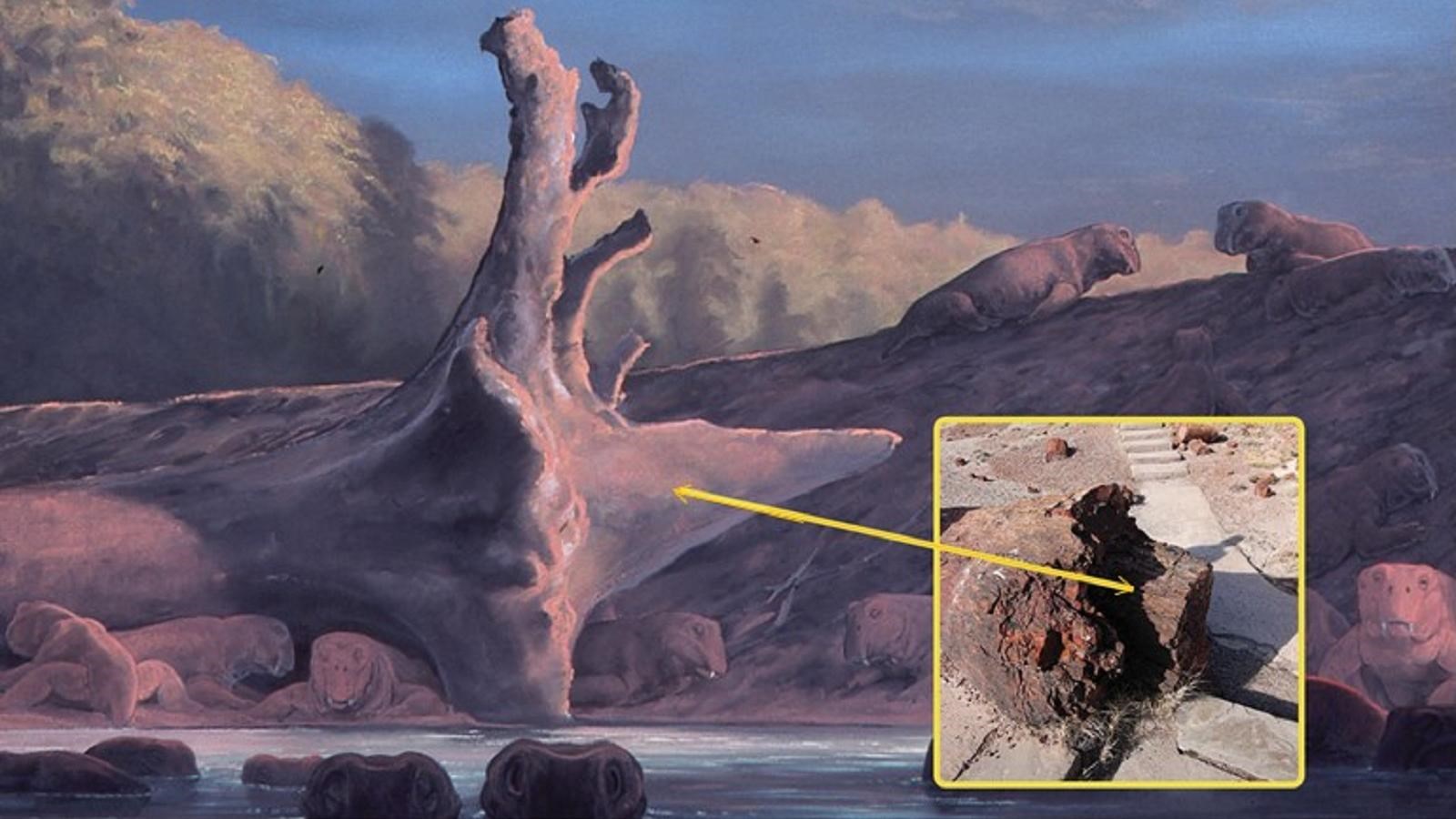 Triassic scene of dead tree with a taproot surrounded by animals