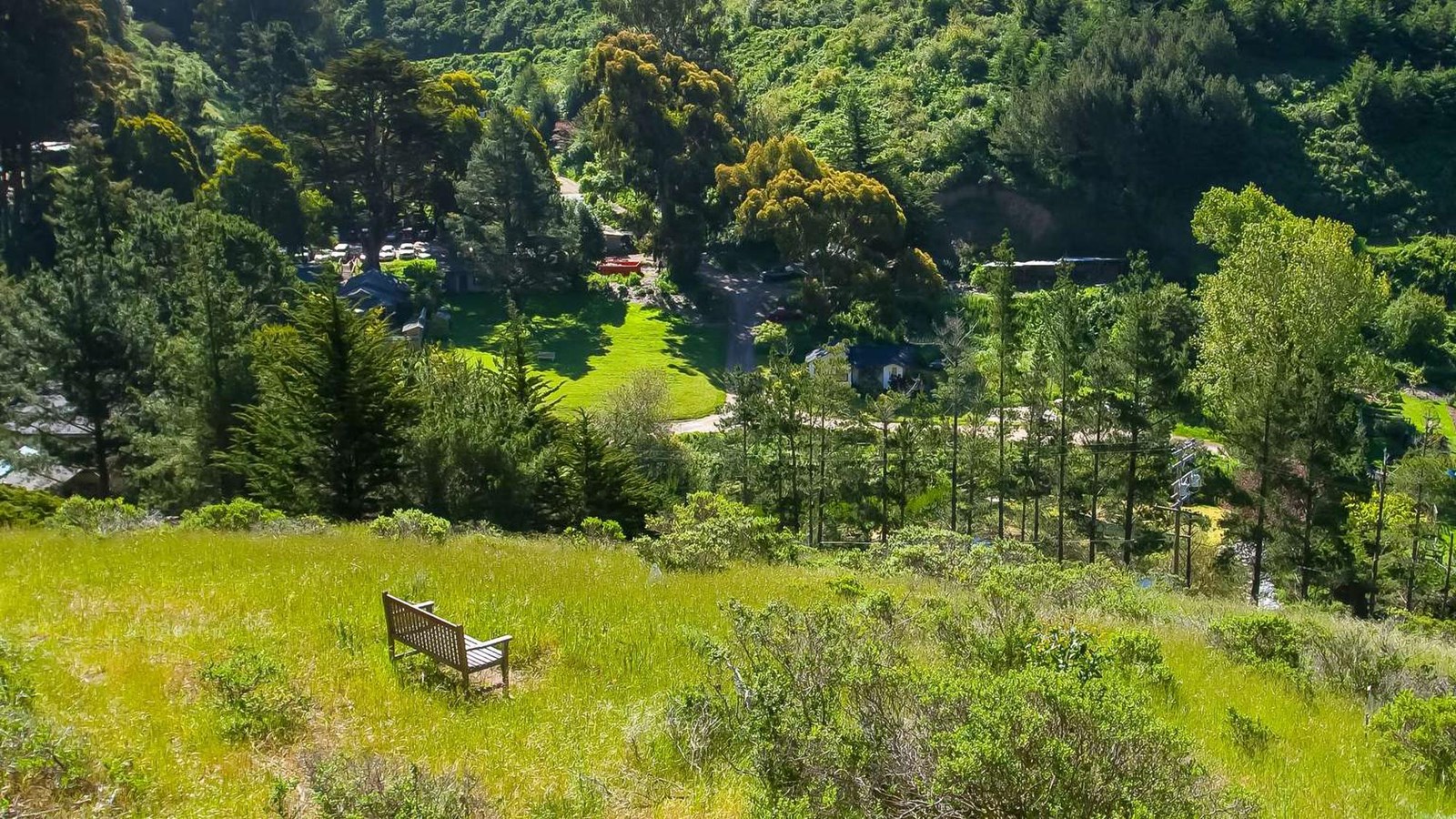 A lone bench sits atop a green hillside.