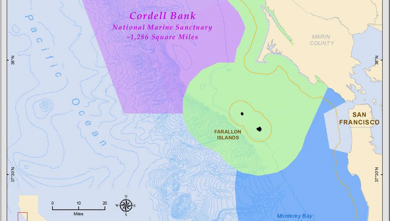 Map showing the boundaries of the three marine sanctuaries off the coast of the San Francisco area.