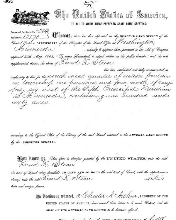 The patent for Knud K. Steen&rsquo;s homestead claim that he earned in 1883.
