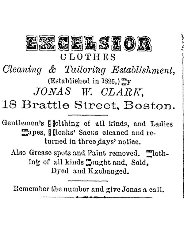 Advertisement for Jonas Clark's Clothing Shop