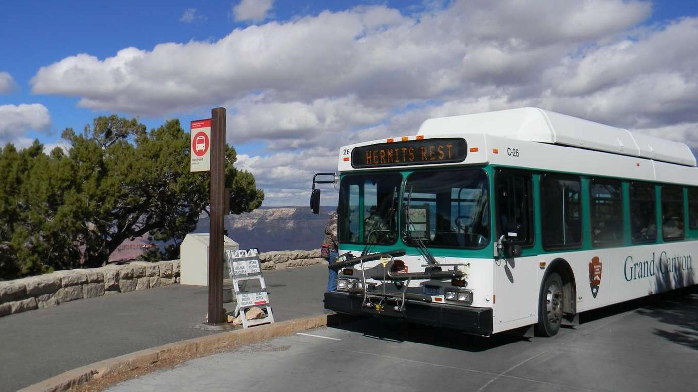 A large white bus with a green stripe pulls up to a red and white shuttle stop sign.