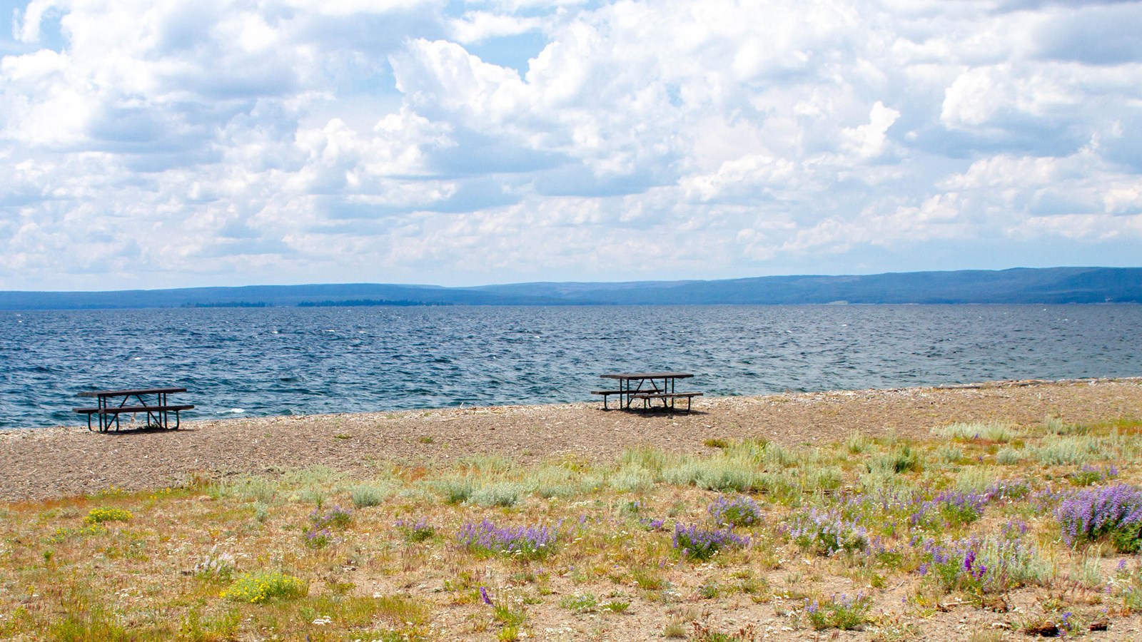 Two picnic tables spaced apart on the shore of a large lake.