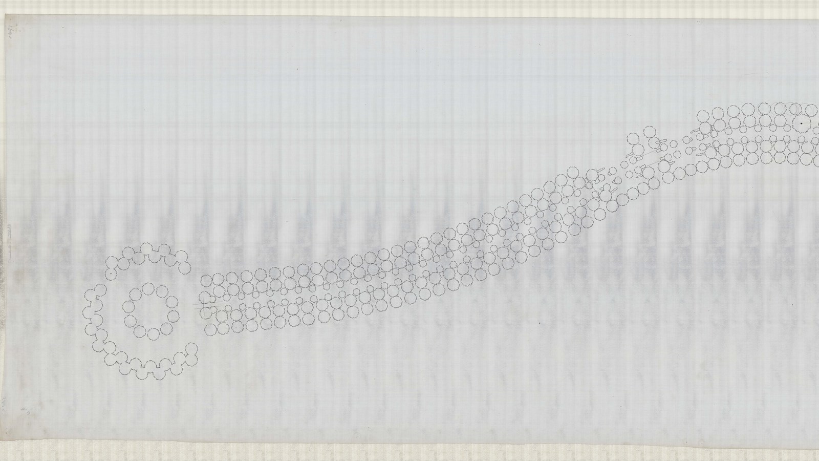 Pencil drawing of curving line with circles representing trees on both sides. 