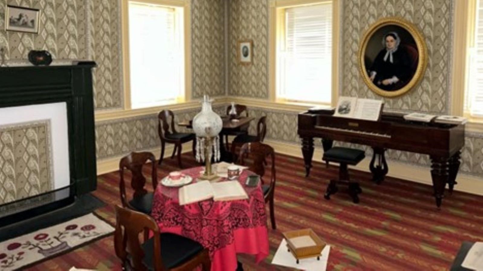 A room with wallpaper, bright carpet, furniture and a piano.
