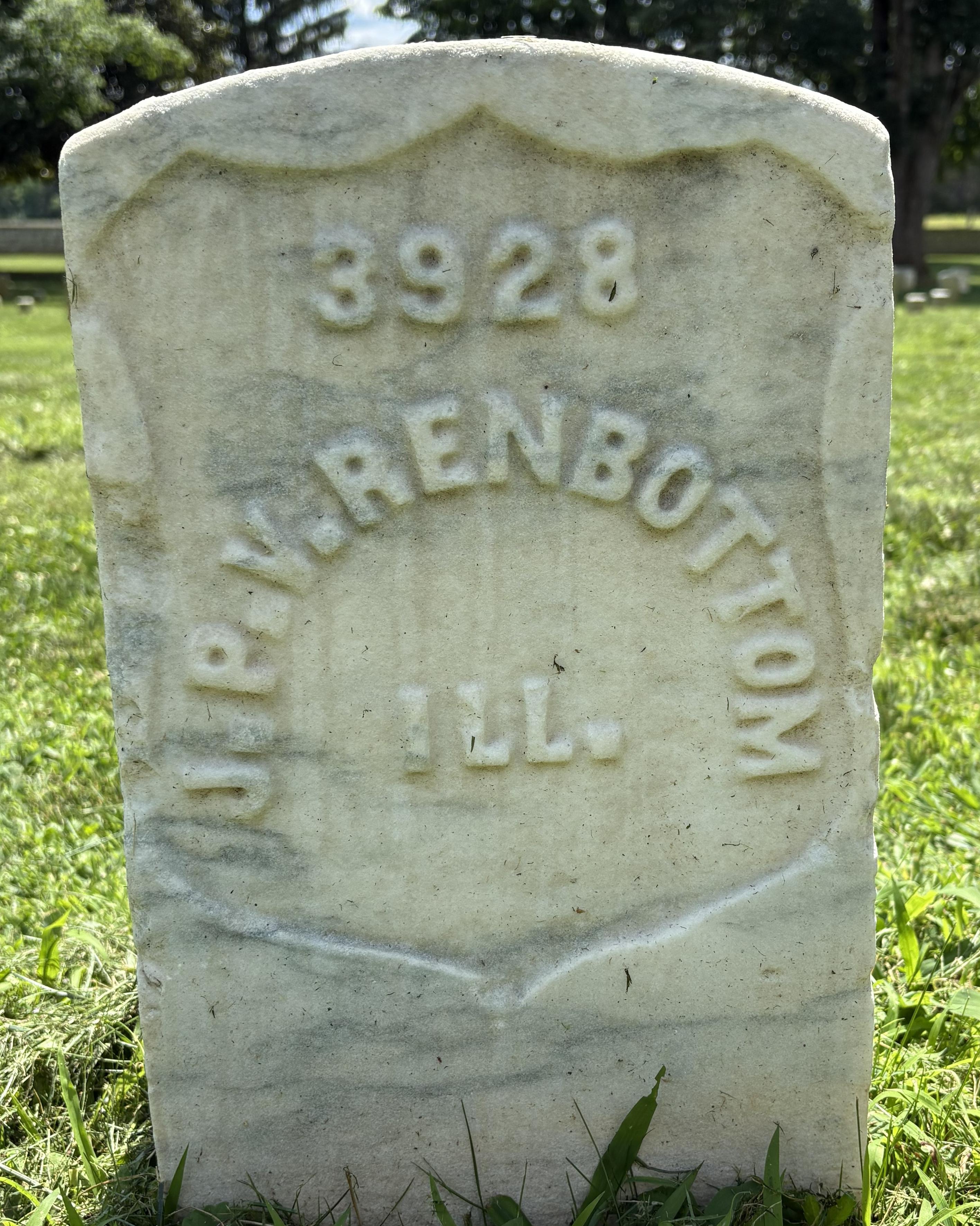 Marble headstone belonging to U.S. veteran John Renbottom. 