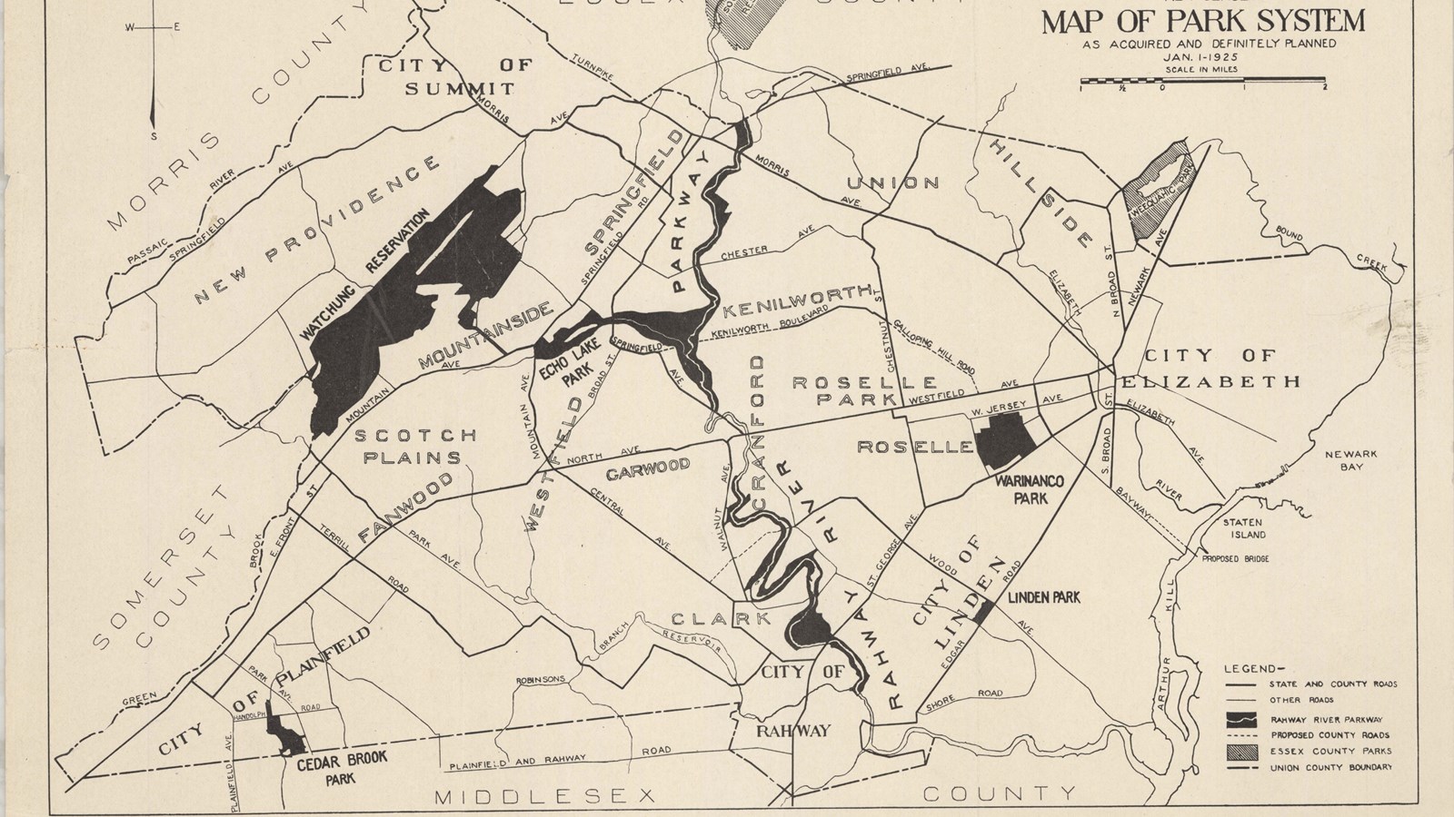 Pencil plan of large area with several dark sections showing parkland within the area