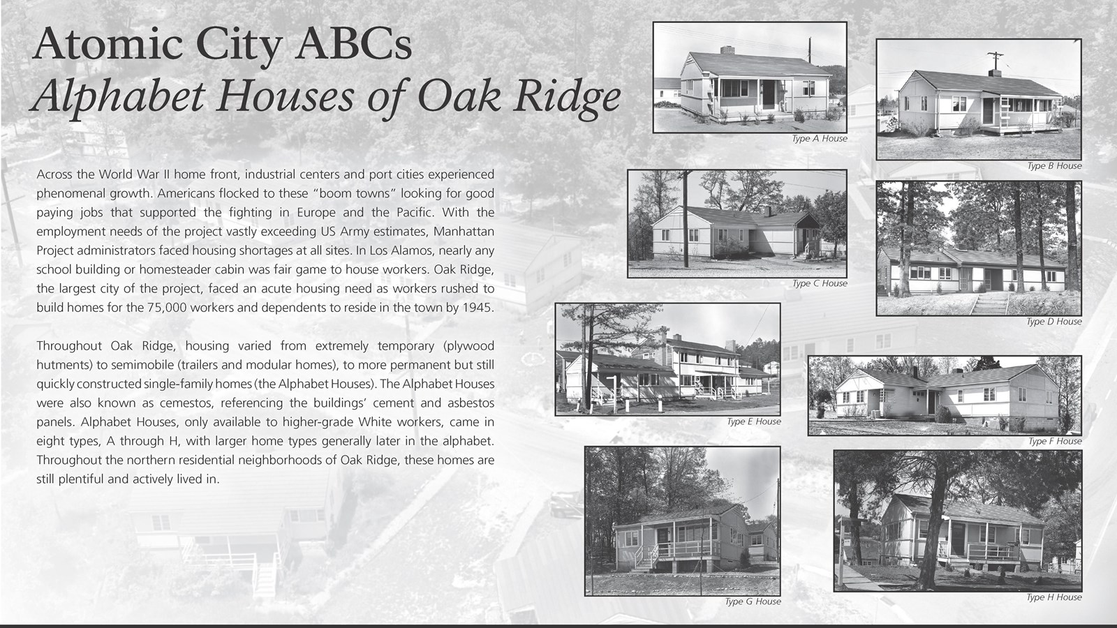 A wayside exhibit with text and several images of different housing types in Oak Ridge, TN.