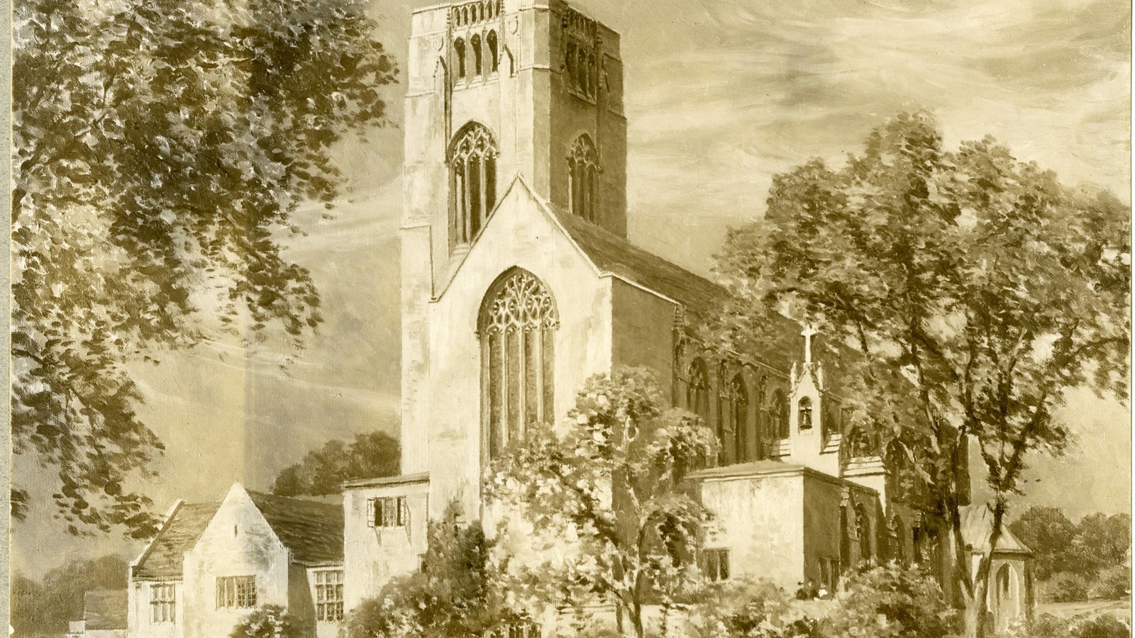 Pencil drawing of large church with trees and lawn all around building