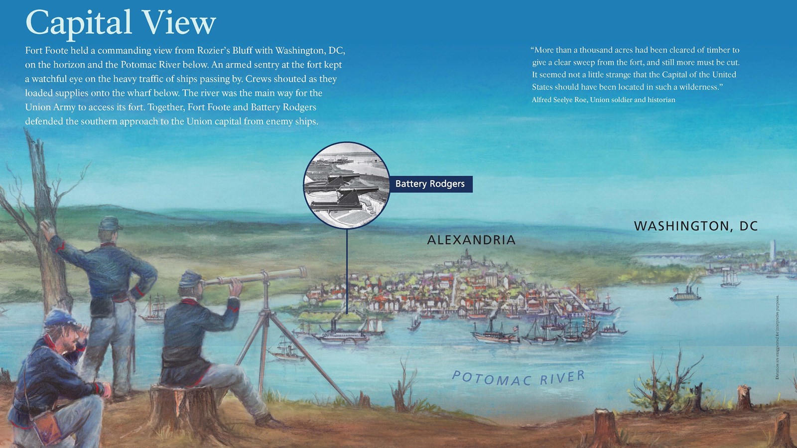 an exaggerated illustration shows the Potomac River from the fort with Alexandria and Washington DC