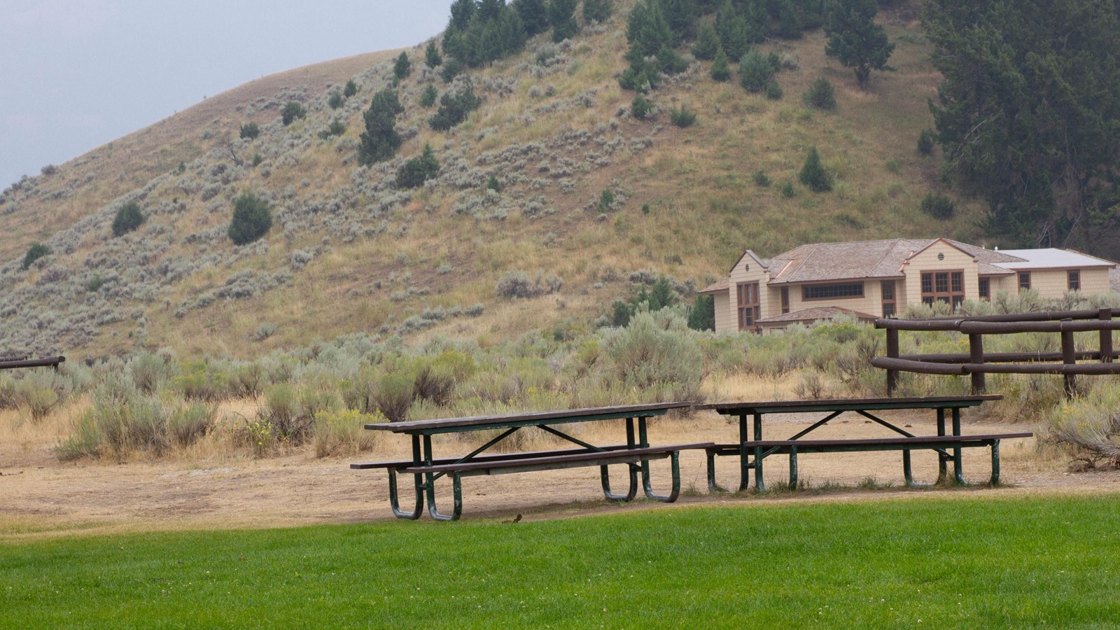Picnic tables on the old parade grounds