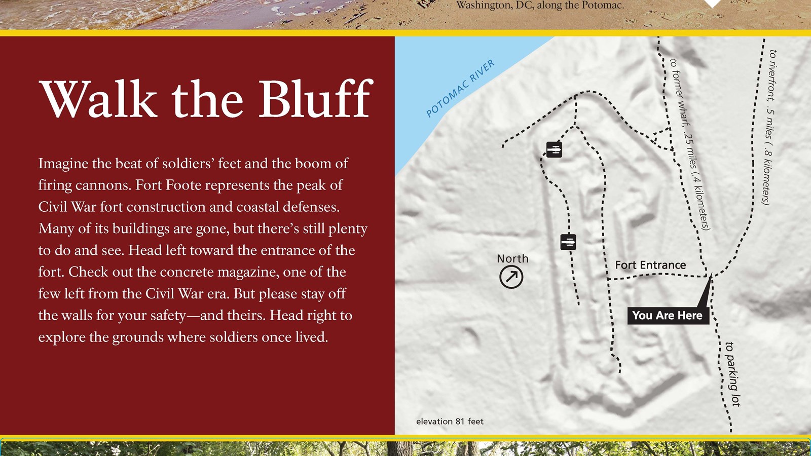 two large images and a map orient the reader to the park\'s trails