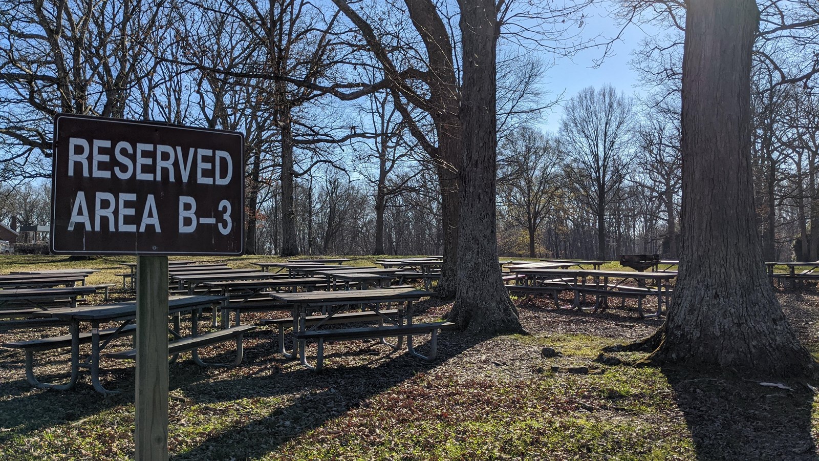 A grassy picnic area with trees. A brown sign reads \'Reserved Area B-3\'