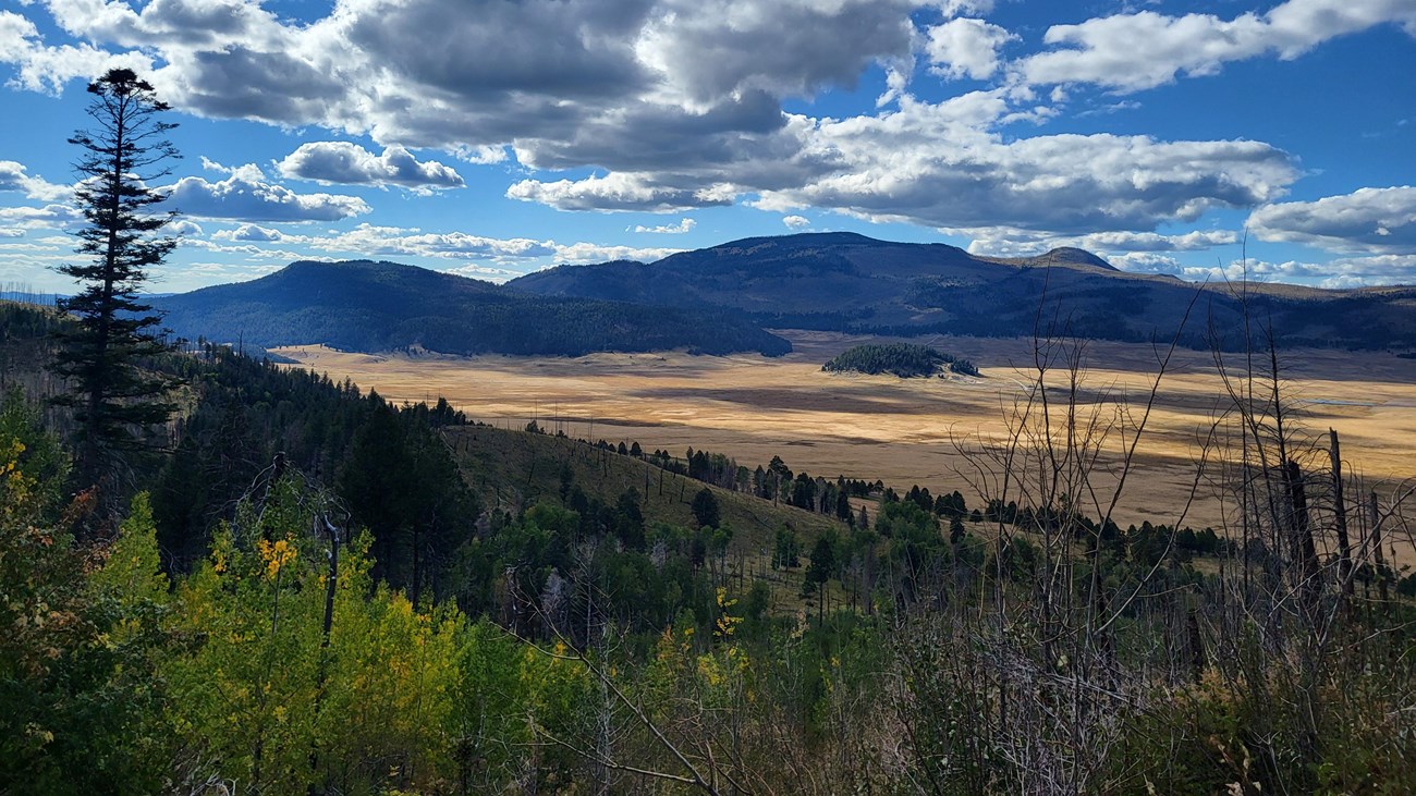 A view into a large valley with distant mountains.