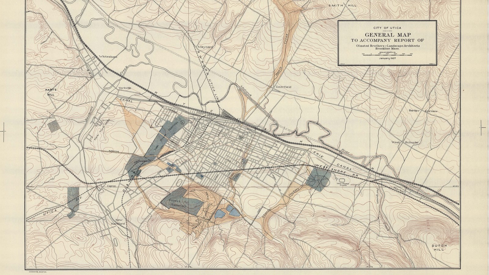 Plan of city with grid roads and shaded section of plan showing green space in the city