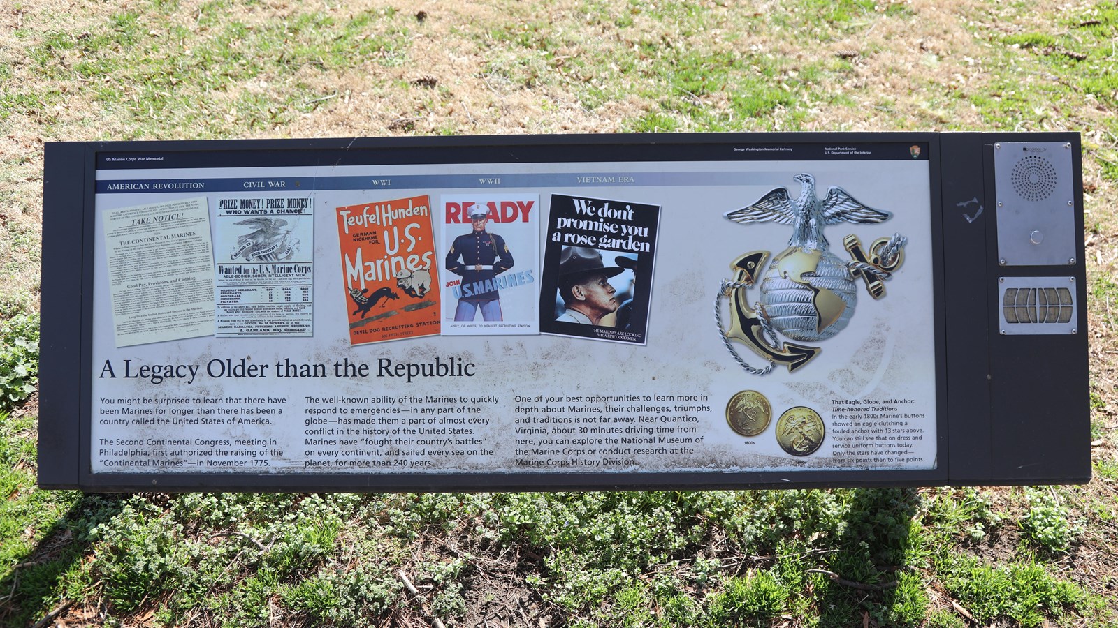 An information panel with images and text in the grass next to a sidewalk.