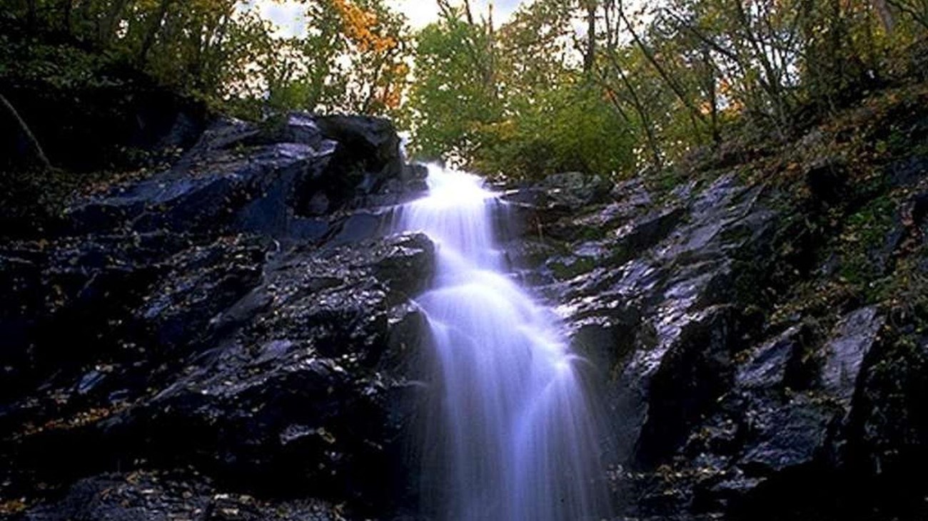 A waterfall cascades onto large gray rocks, under a fall foliage of trees.