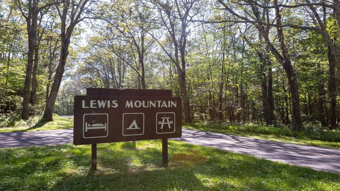 A color photograph of a large brown sign indicating the turn toward Lewis Mountain.