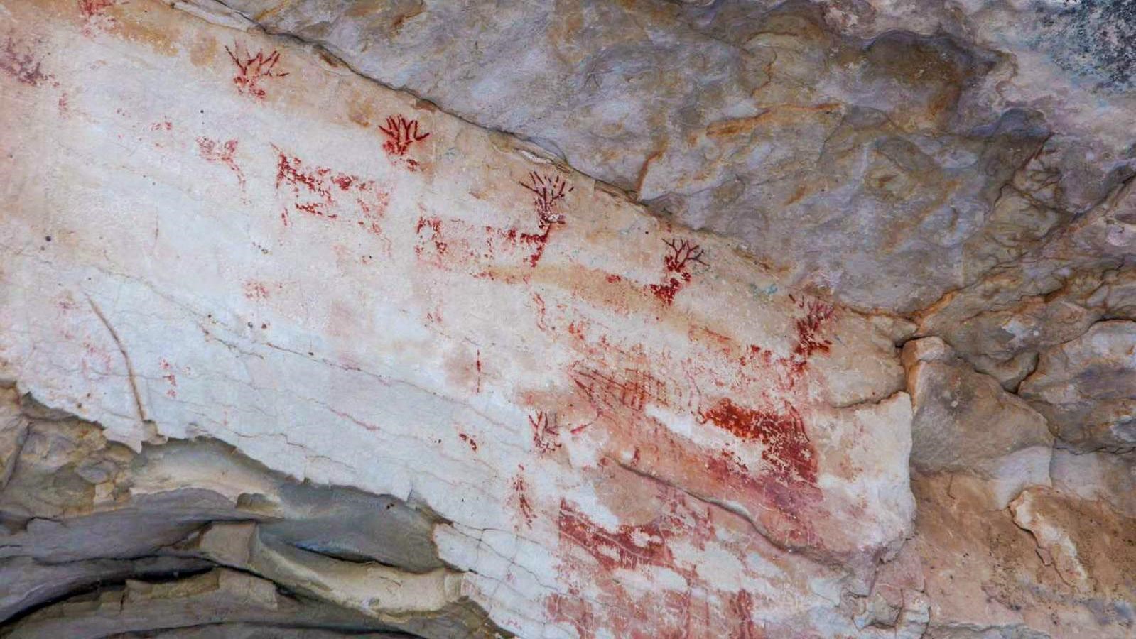 Under a limestone overhang, remnants of 6 deer in a row painted in red pigment a on rock wall.