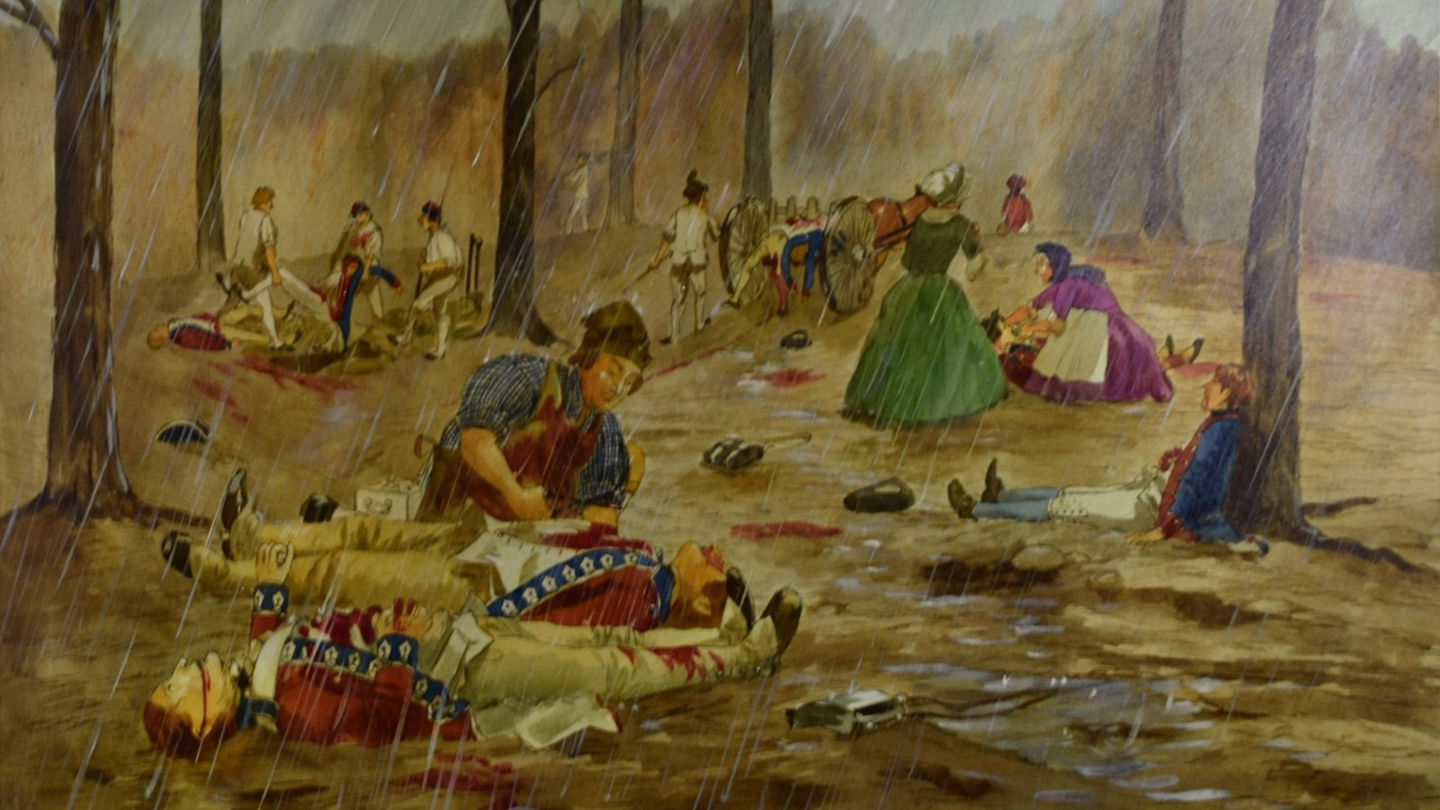In a field full of dead and wounded soldiers, and surgeon and several nurses help the soldiers.
