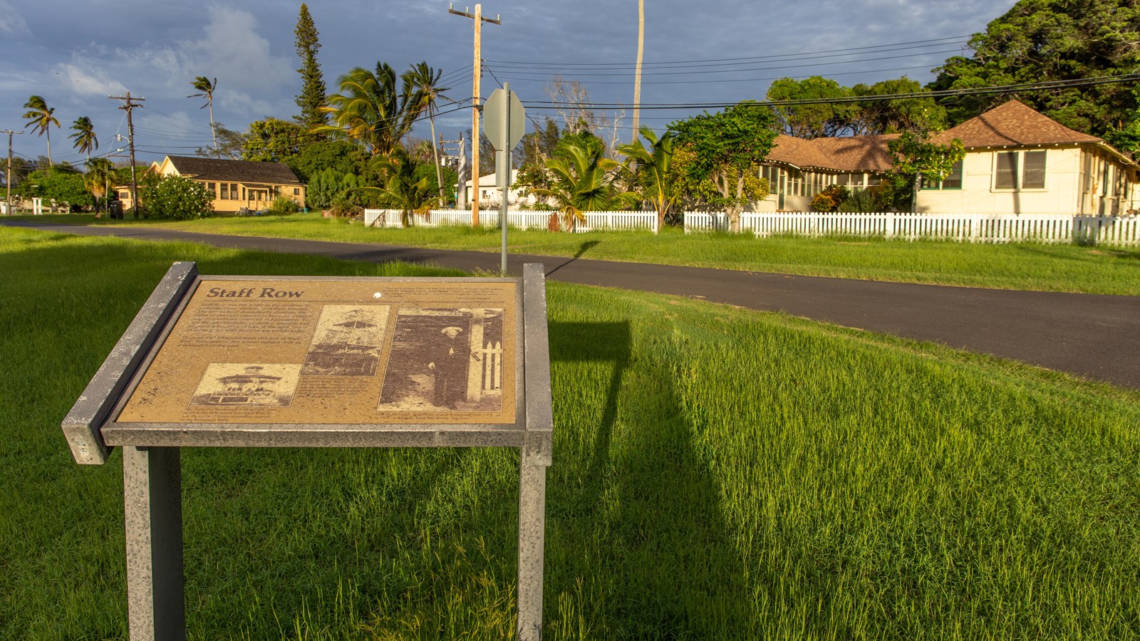 An informational sign, with the title Staff Row, in front of a road and a building with a fence