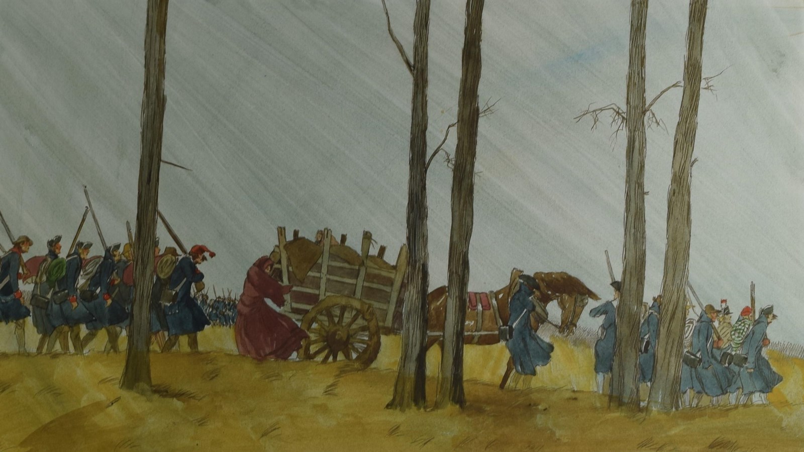 A column of blue coated soldiers walk across the horizon. They are bundled against the rain and cold