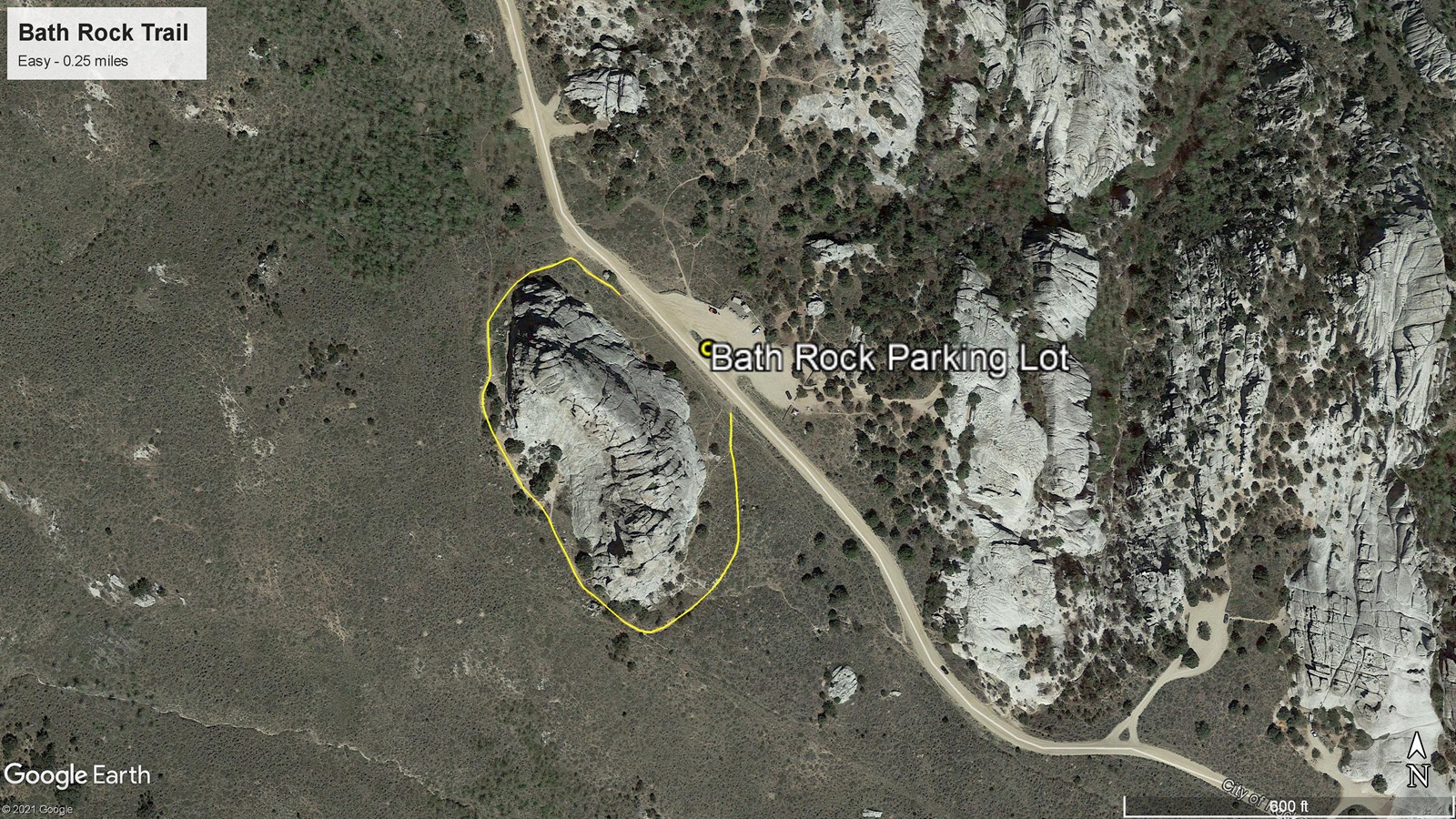Satellite map of Bath Rock granite formation and loop trail around it, starts at parking lot.