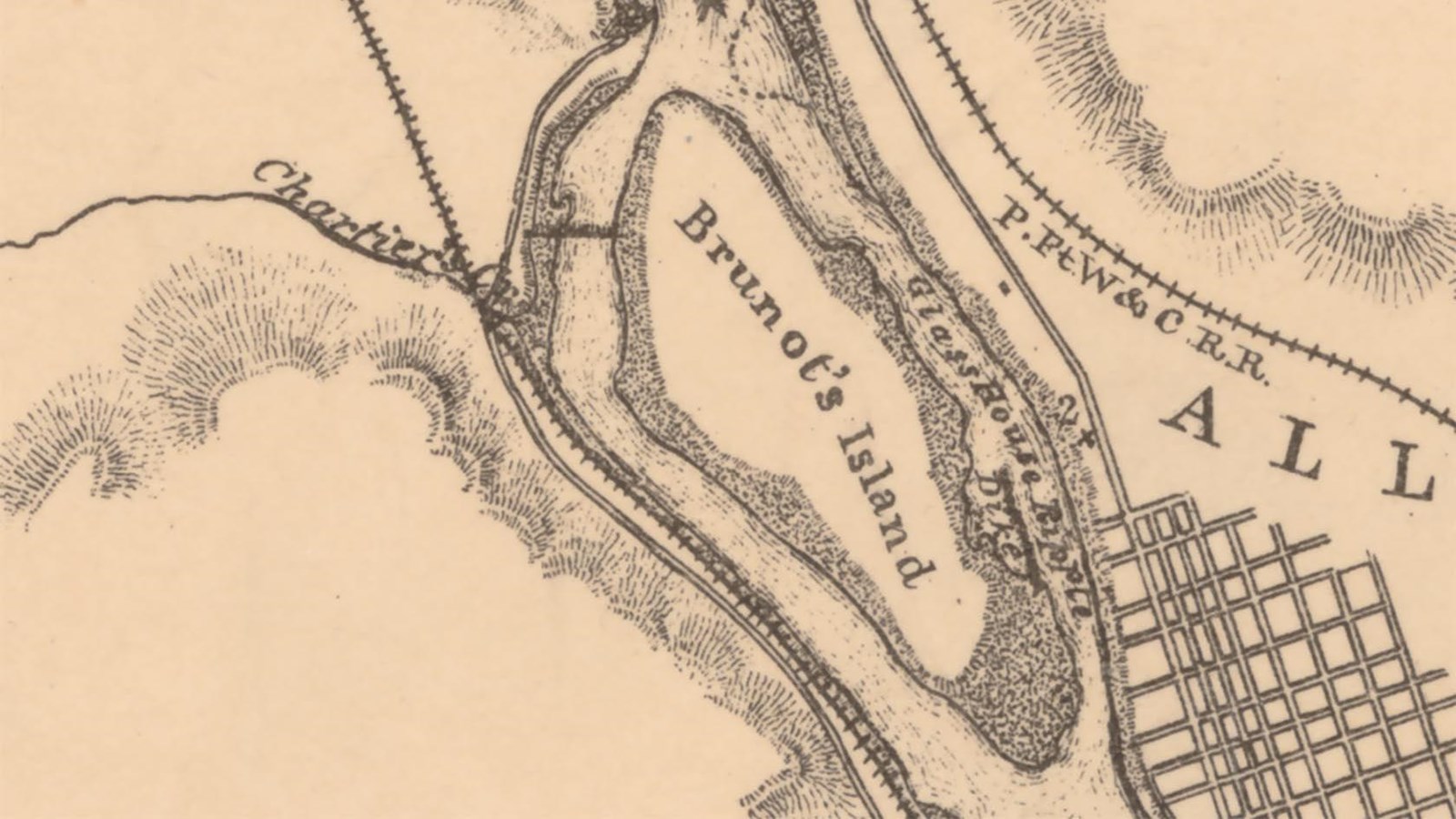 Map showing rivers, city, islands, and railroads