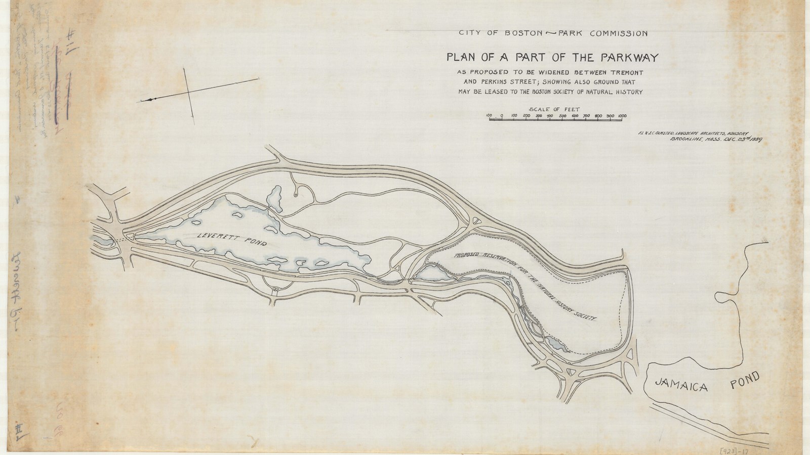 Pencil drawing of curving roads with Leverett Pond in middle with paths around it 