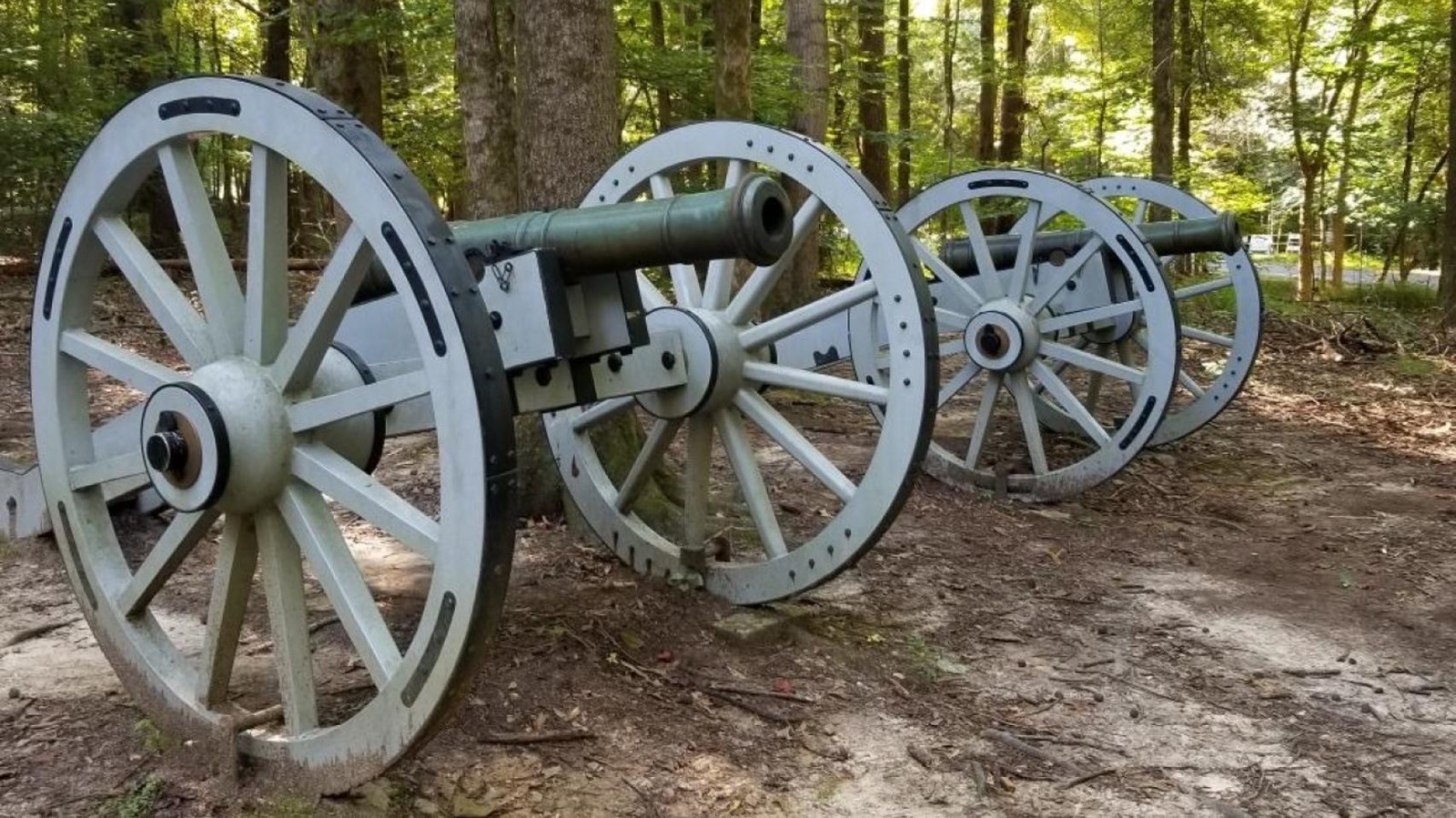 Two bronze cannons sit on carriages surrounded by woodland.