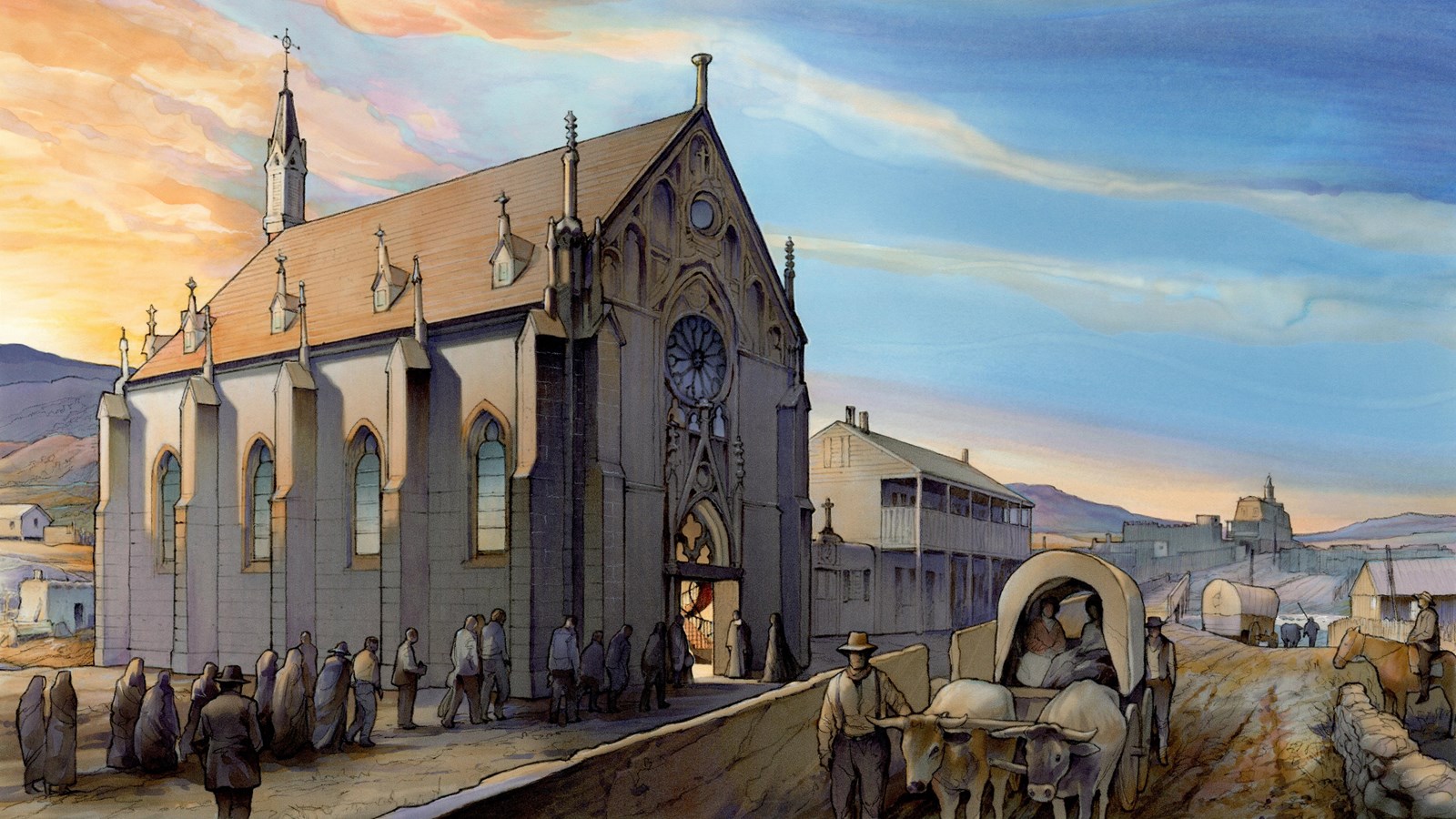 Historic rendering of a gothic revival church with wagons, people, clergy and animals.