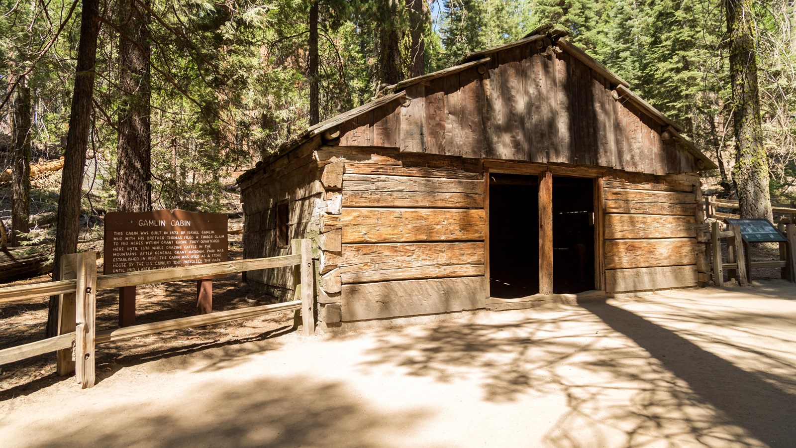 An old cabin sits in the shade of the tall trees