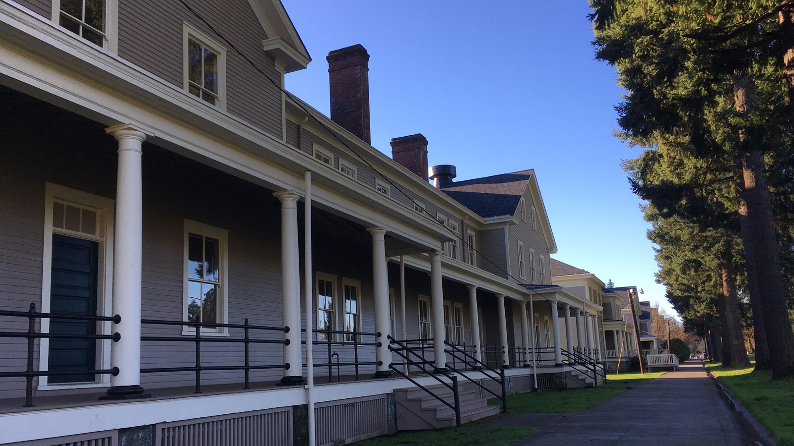 A row of large barracks buildings.