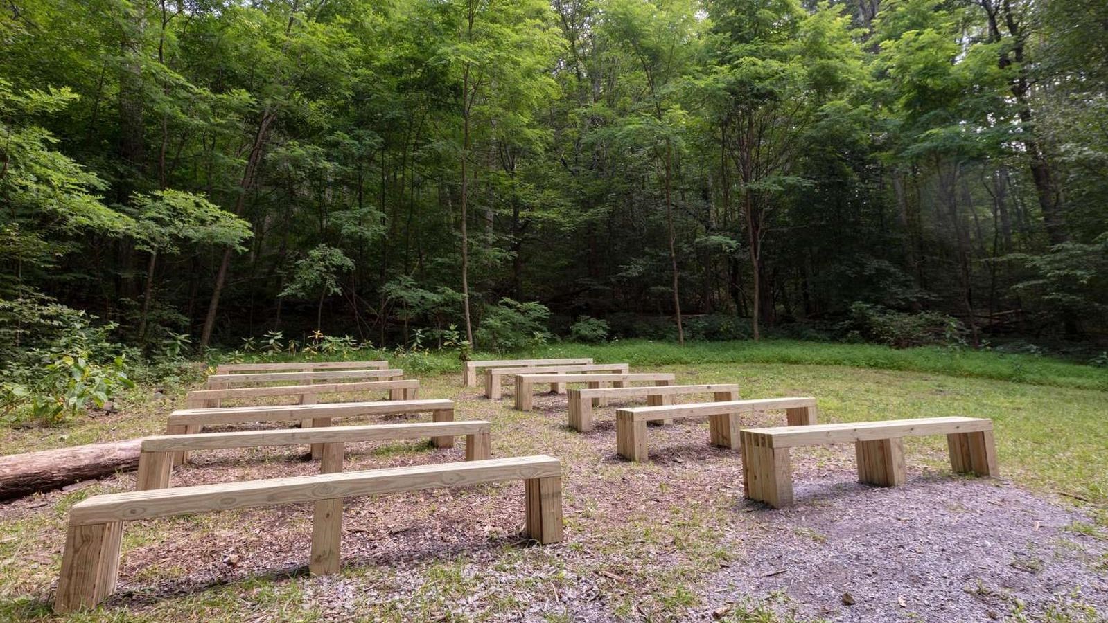 A color photograph of a series of wooden benches arranged in rows.