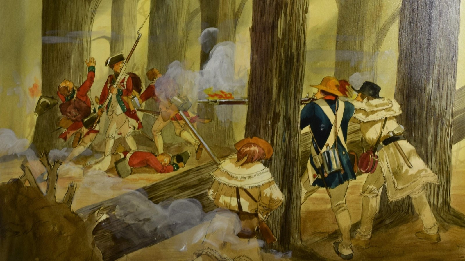 American militia stand behind a fallen tree. They fire at approaching British soldiers in the woods.