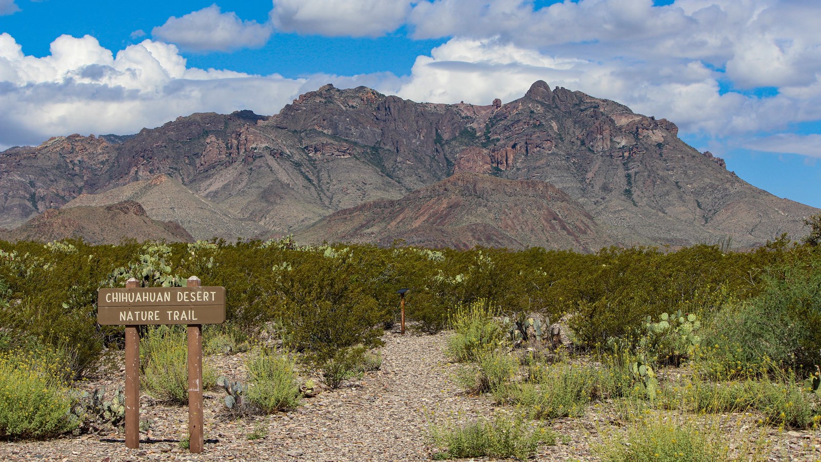 A gravel path begins next to a brown wooden trailhead sign and heads west towards the Chisos Mtns.