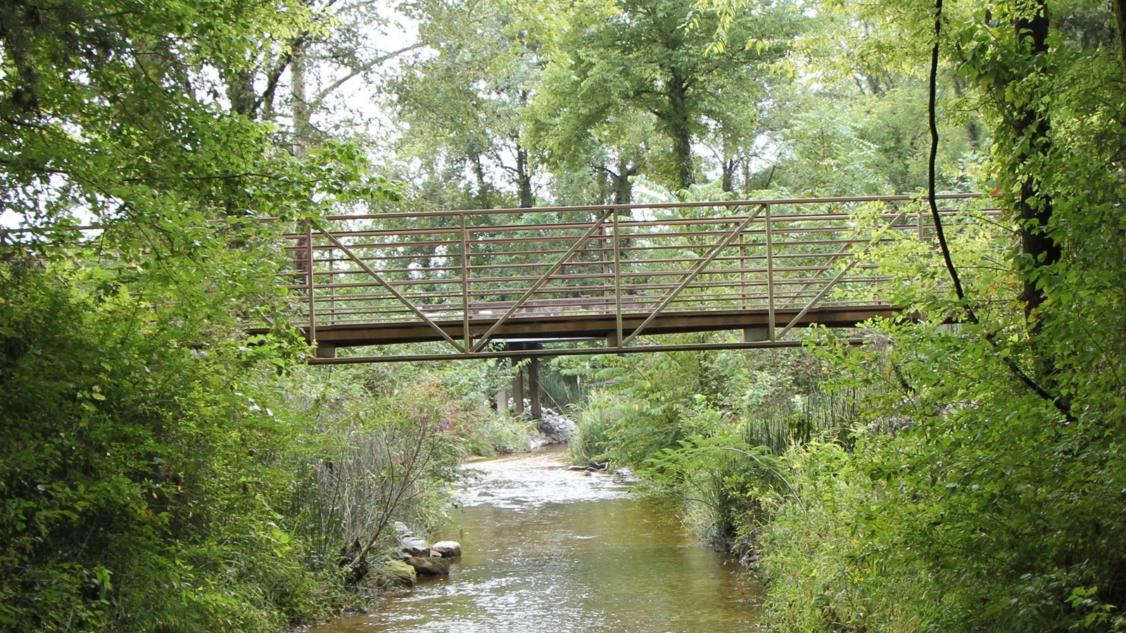 Brown metal bridge spans left to right over running water. Green plants and grasses border each side