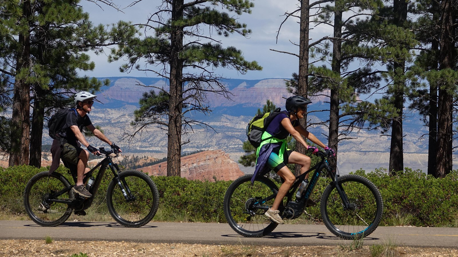 Two cyclists ride along paved forested path