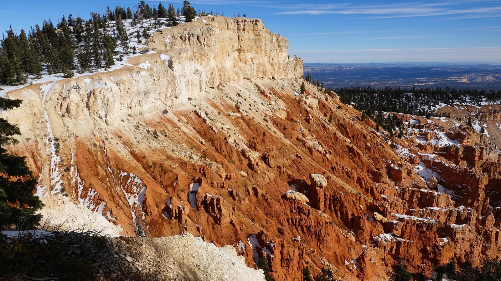 Cliff of vibrant red and white rock and distant cliffs below forested plateau rim