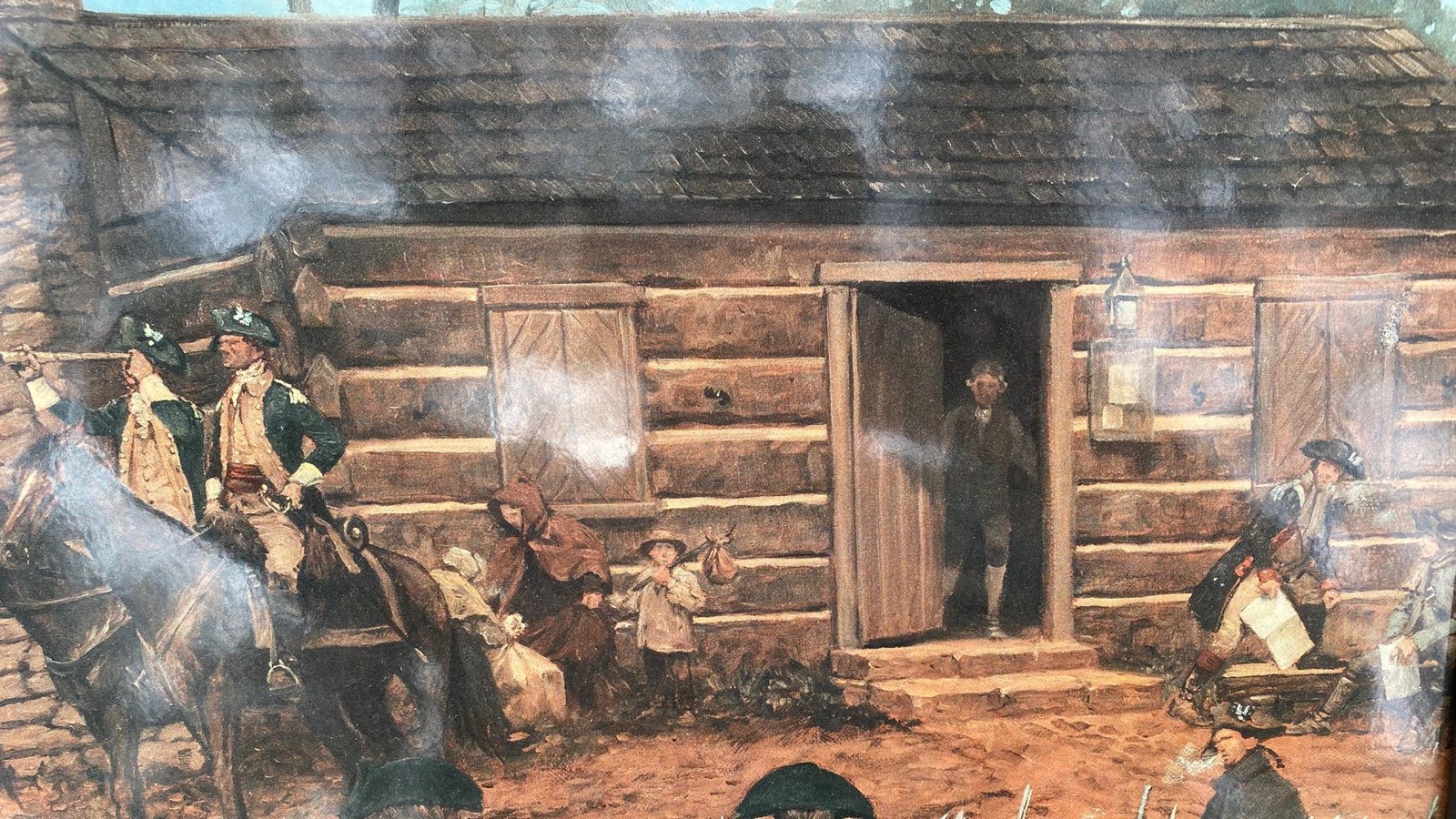 A painting depicts soldiers and civilians at the courthouse, a plain single story log structure.