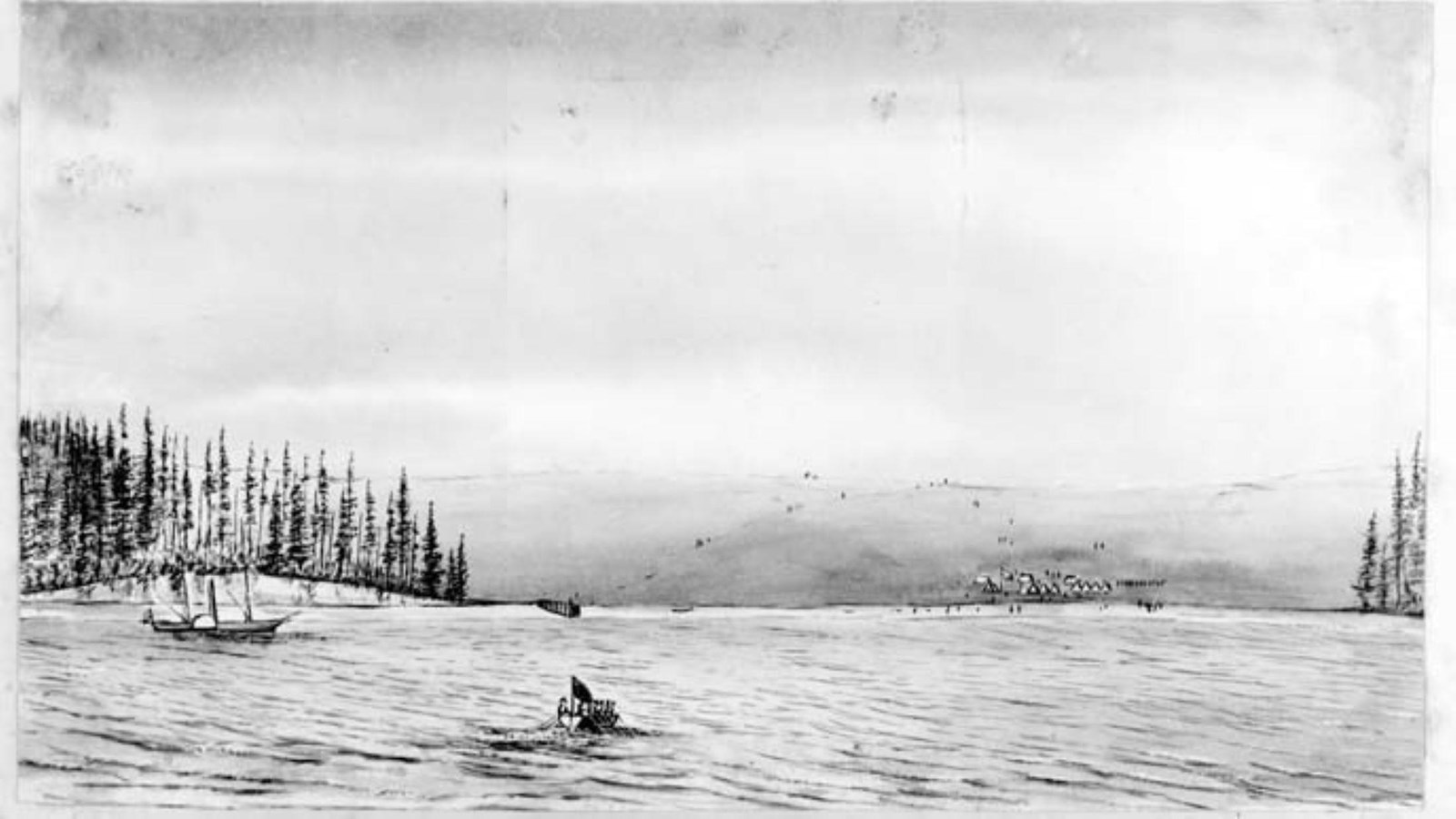 Black and white illustration of ships active in a harbor