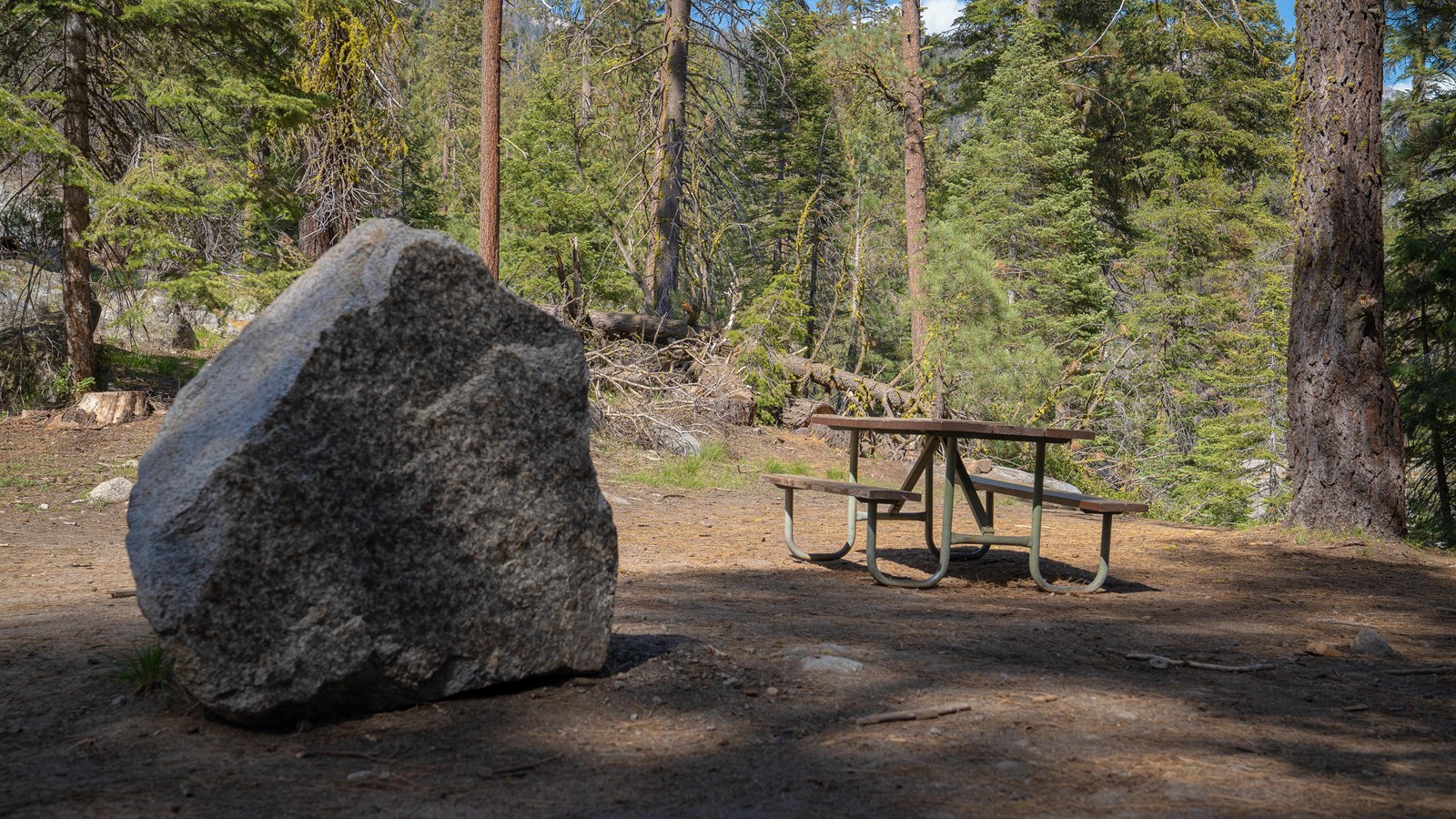 A picnic table in the woods with a boulder to the left.