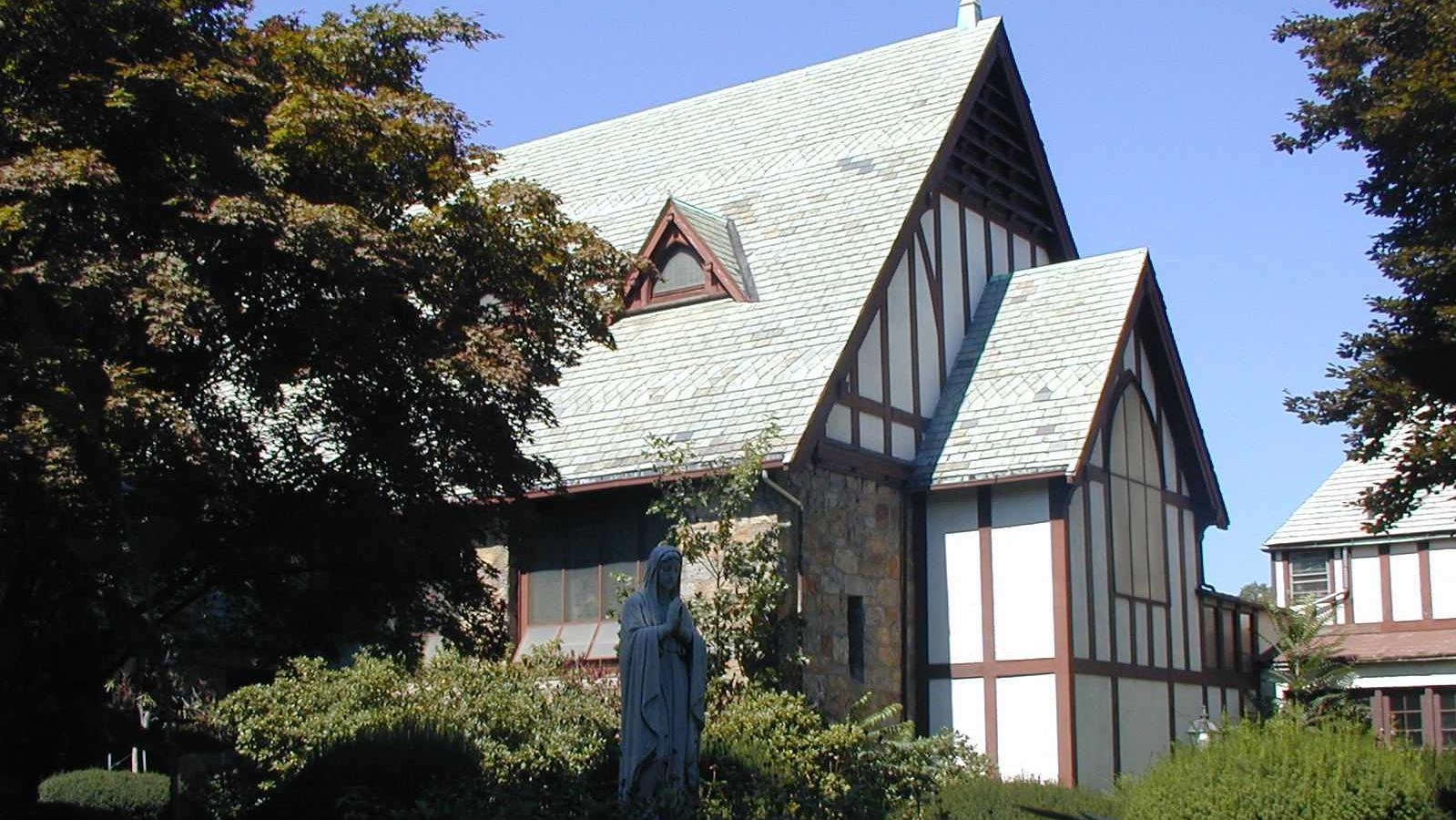 church building with peaked roof, half-timbered decoration