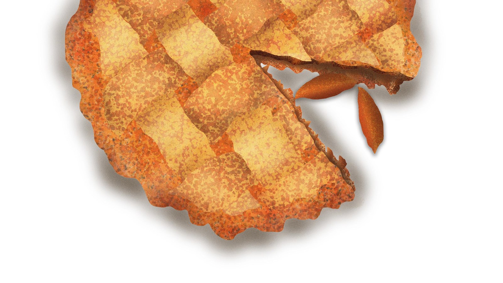 A round, tan pie with latticed crust has a missing slice, with apricot slices spilling out there.