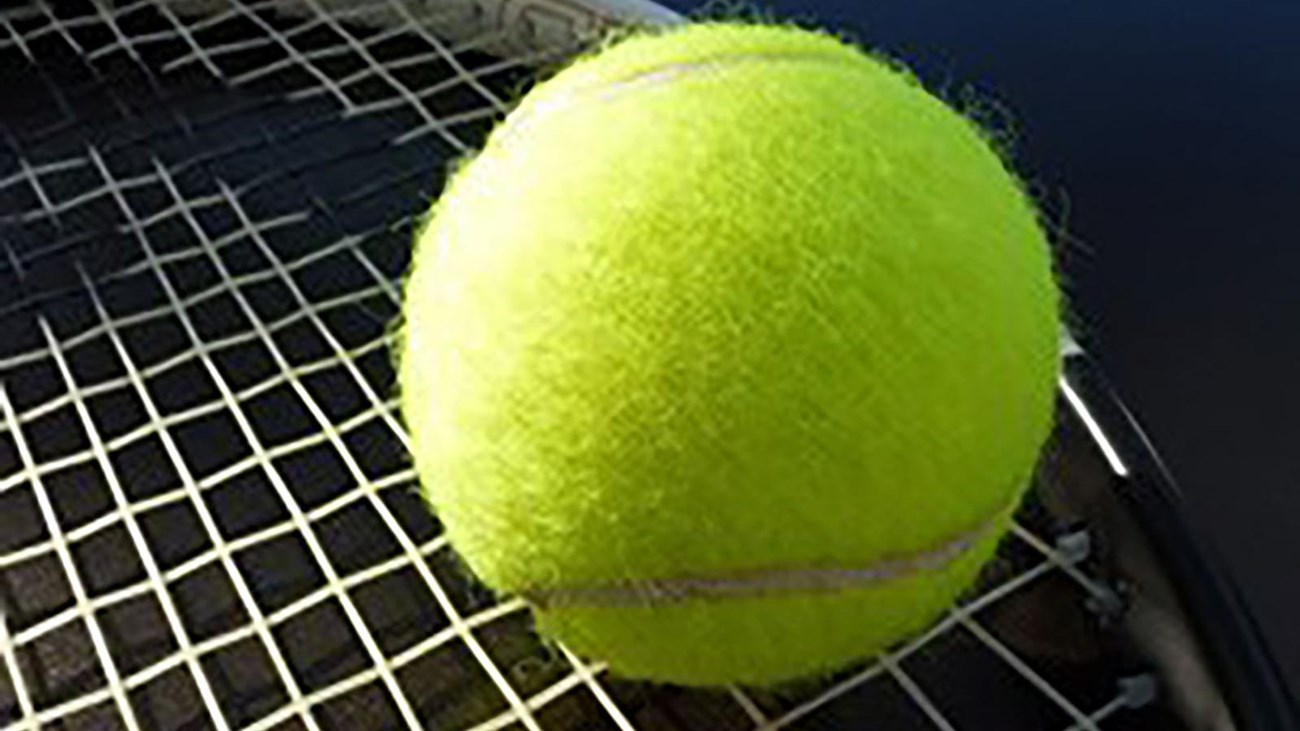 a yellow tennis ball rests on the head of a tennis racket