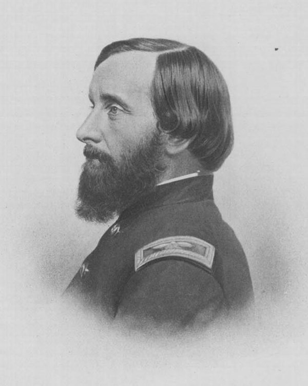 Black and white profile portrait of Thomas Wentworth Higginson in a military uniform.
