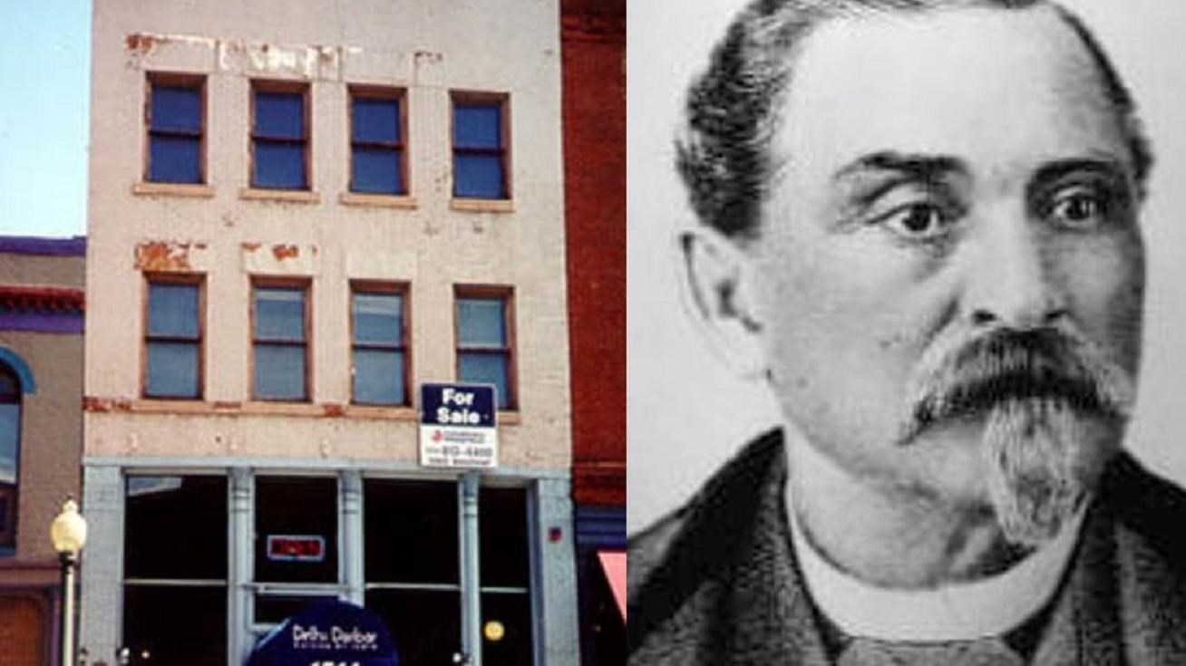 Two photos of building and portrait of man. 